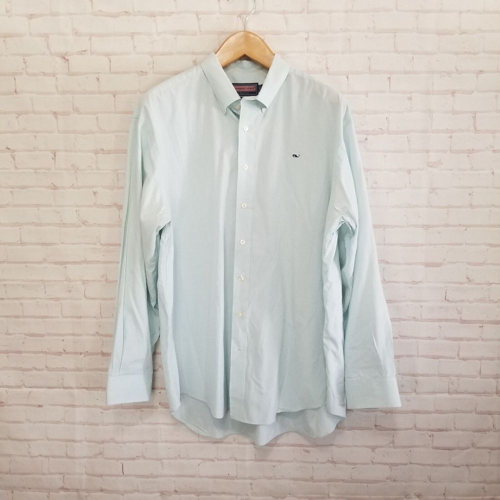 Vineyard Vines Whale Shirt Mens Extra Large 17 Blue Green Button Up Long Sleeve
